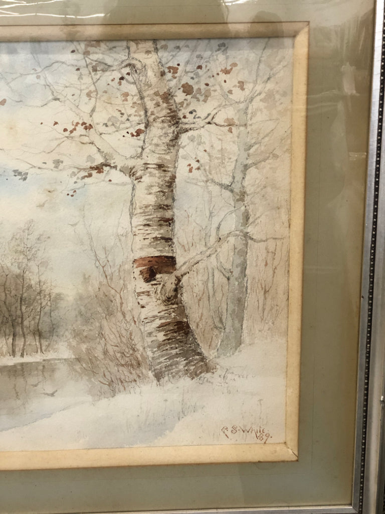 HEAVY WATER COLOR BIRCH TREE W SILVER SAWTOOTH EDGE FRAME.