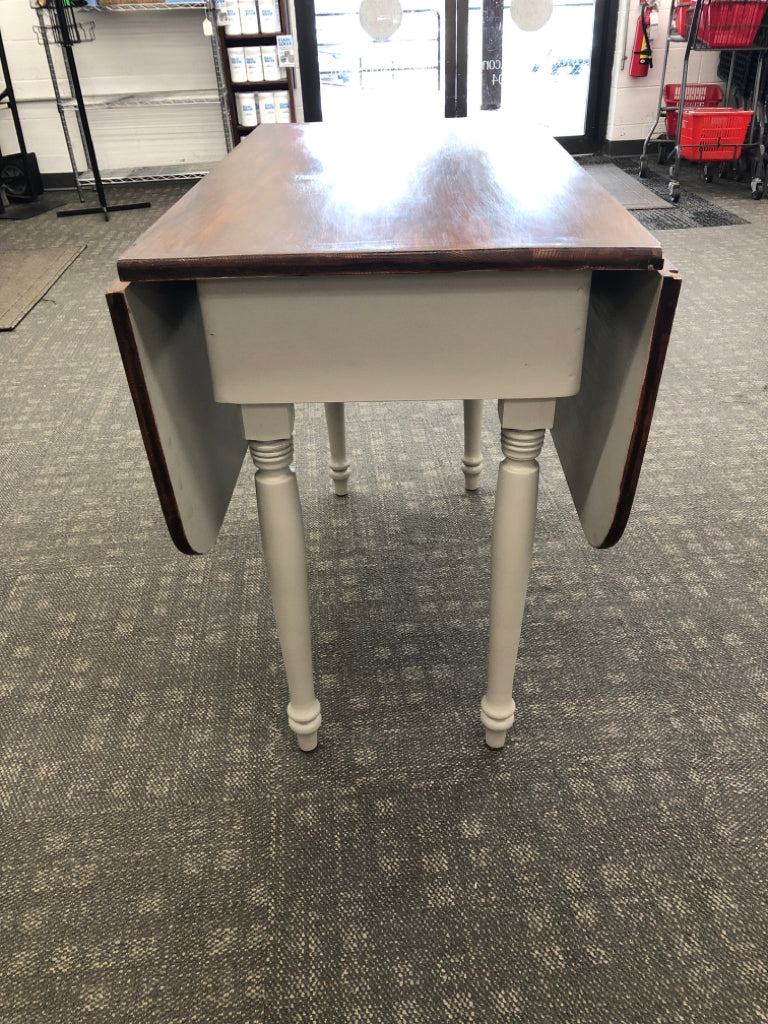CHERRY WOOD TOP GREY PAINTED DROP LEAF TABLE.