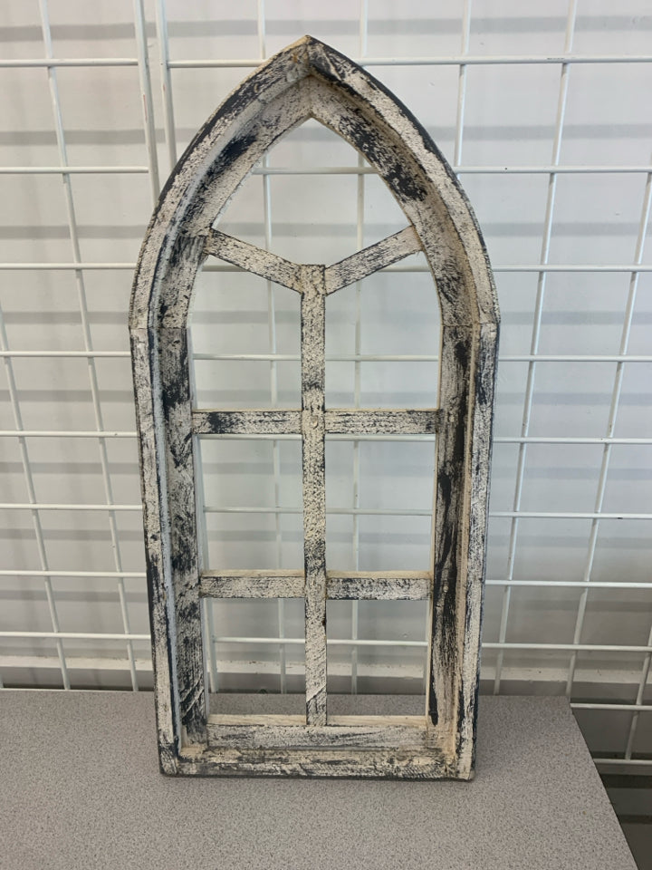 DISTRESSED WHITE ARCHED CATHEDRAL WINDOW WALL DECOR.