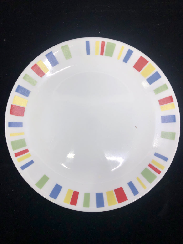 6 COLORFUL SQUARE RIMMED PATTERN CORELLE DINNER PLATES.