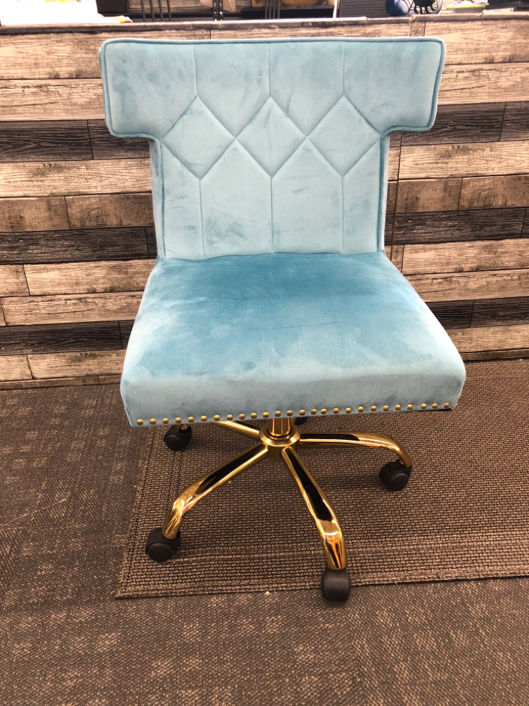 TEAL BLUE VELOUR OFFICE SWIVEL CHAIR W/ GOLD STUDS/LEGS.