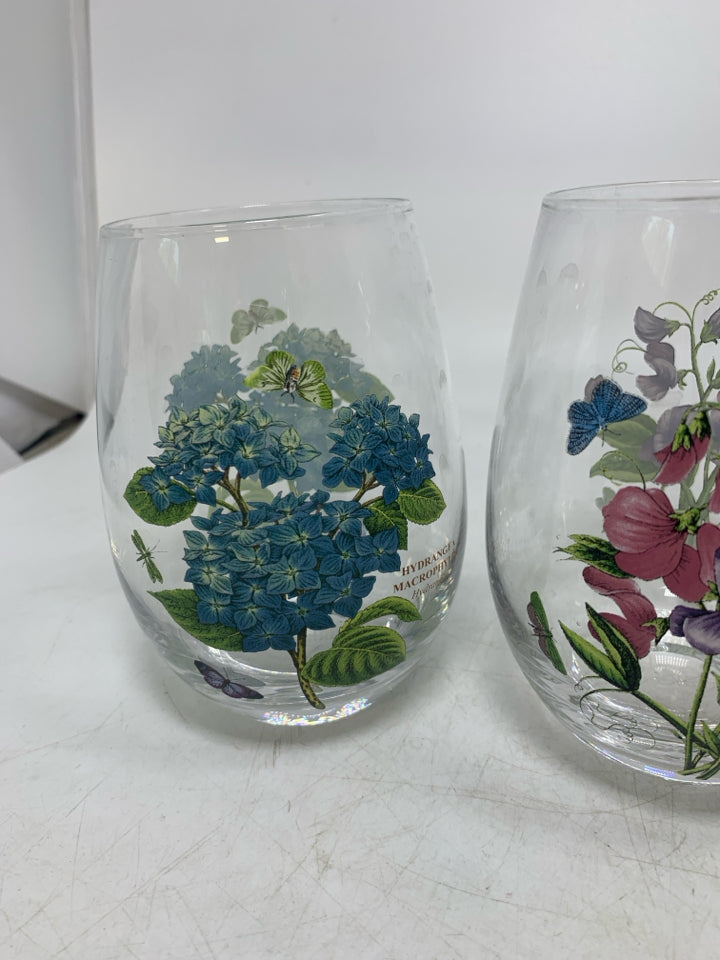 4 BOTANIC GARDEN STEMLESS WINE GLASSES ASSORTED.