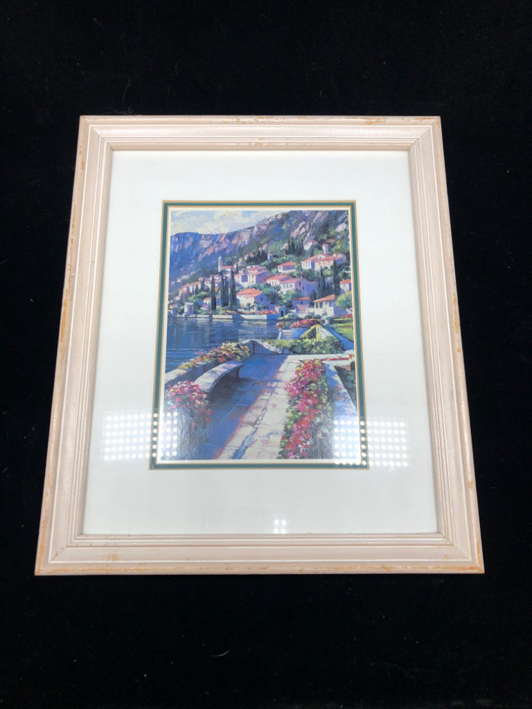 MEDITERRANEAN VISTA PRINT IN DISTRESSED PINK FRAME.