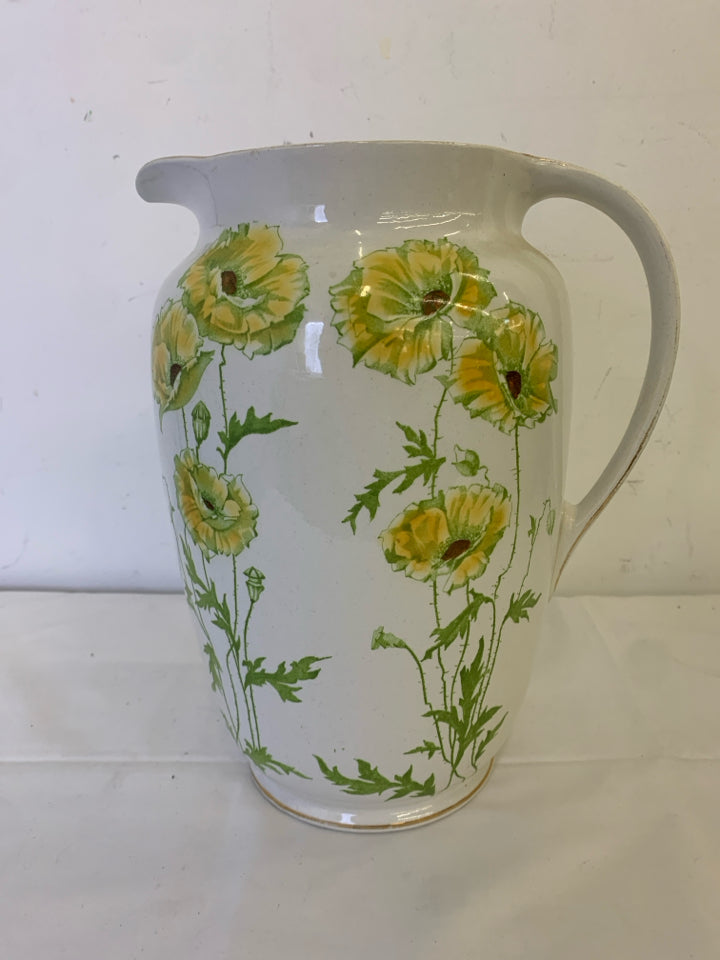 VTG YELLOW GREEN FLORAL LARGE PITCHER.