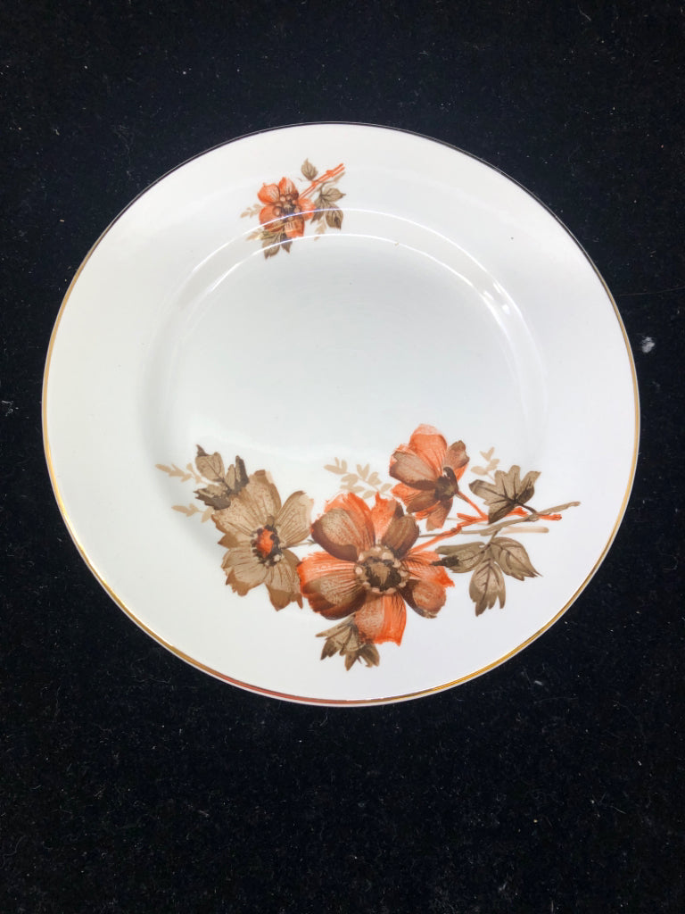 6pc BROWN AND RED FLORAL DESSERT PLATES.