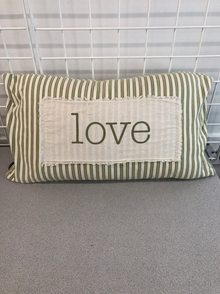"LOVE" GREEN STRIPE ACCENT PILLOW.