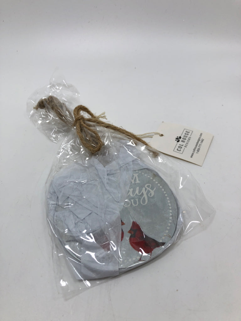 3 PK ROUND METAL CARDINAL "I AM ALWAYS WITH YOU" ORNAMENT.
