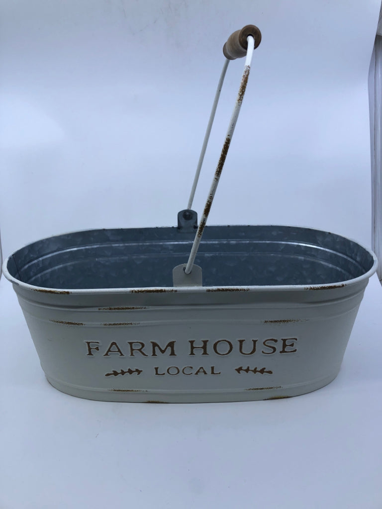 WHITE DISTRESSED FARMHOUSE OVAL BUCKET W WOOD HANDLE.