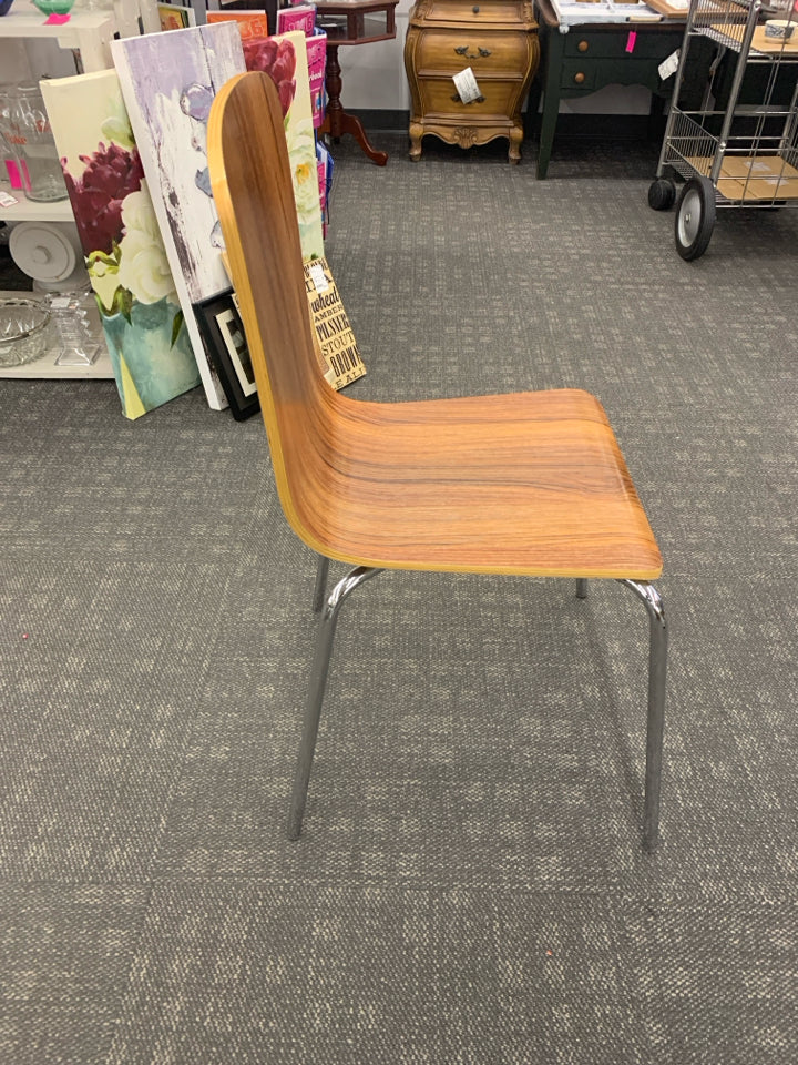 LAMINATE WOOD DESK CHAIR W/ SILVER LEGS.