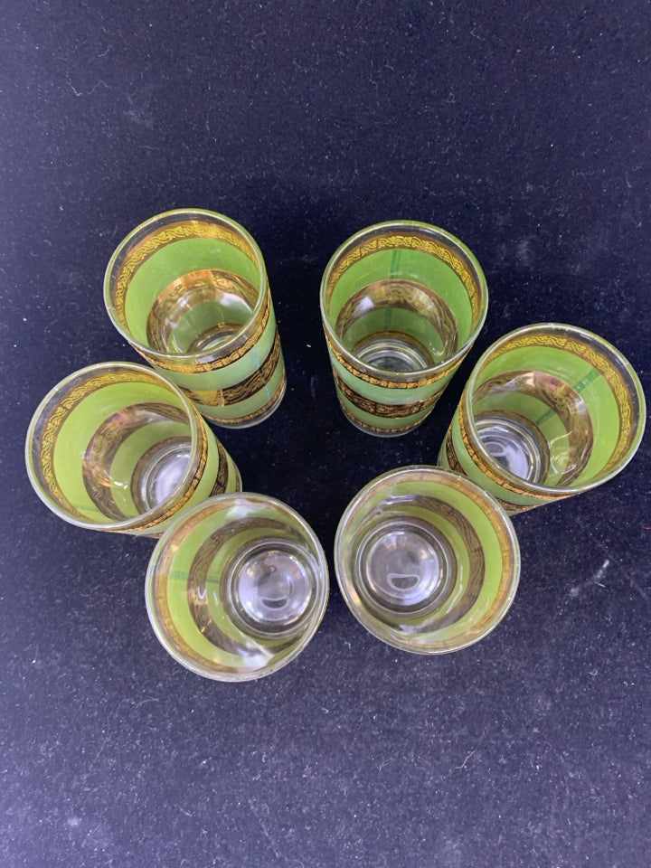 6PC GREEN+GOLD CULVER STARLYTE HIGHBALL GLASSES.