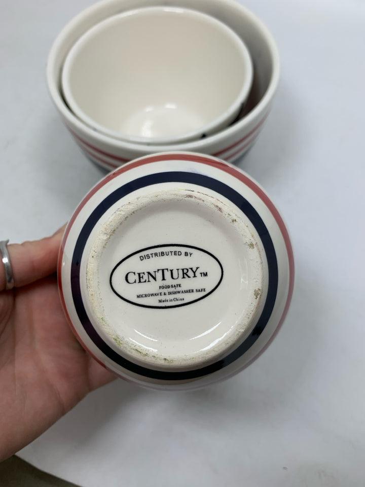 3 RED WHITE & BLUE NESTING BOWLS.