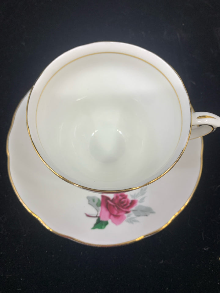 VTG WHITE W/ PINK ROSE GOLD ACCENT TEA CUP & SAUCER-DUCHESS.
