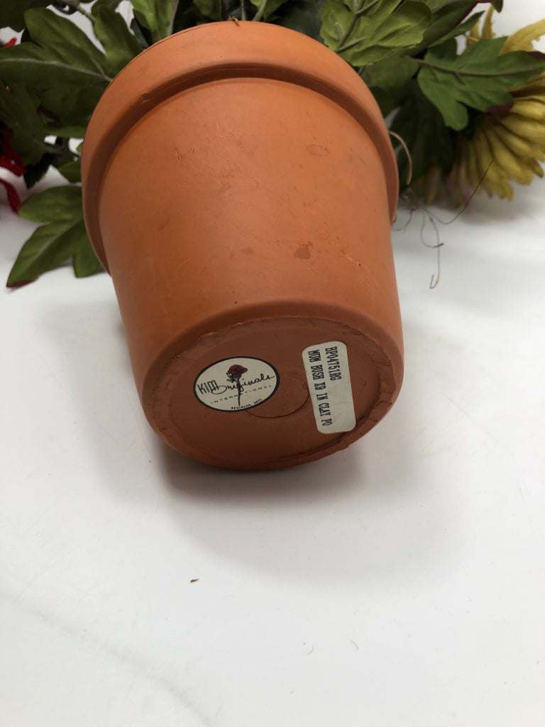 DARK FLOWERS IN TERRA COTTA POT.
