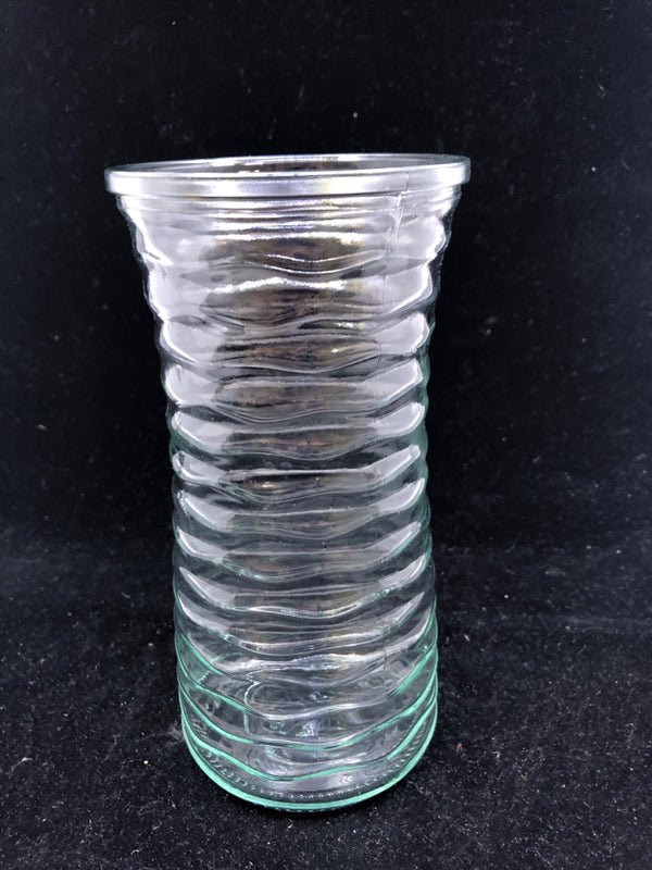 CLEAR TEXTURED WAVY GLASS VASE.