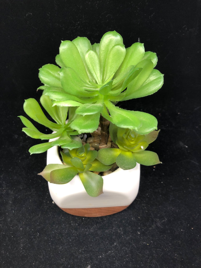 CERAMIC 2 TONED WHITE/WOOD PLANTER W/ FAUX PLANTS.