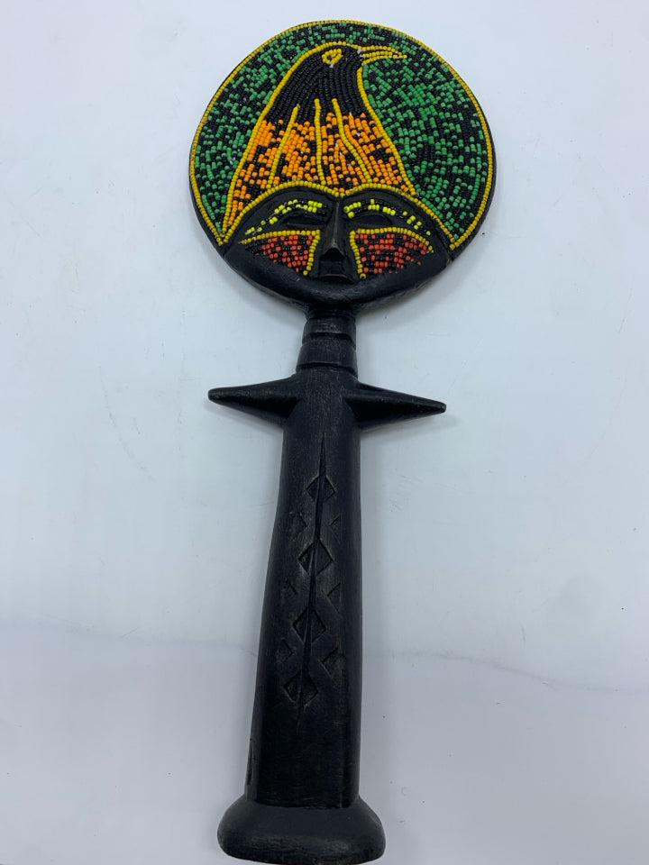 HAND CARVED BEADED BIRD STICK.
