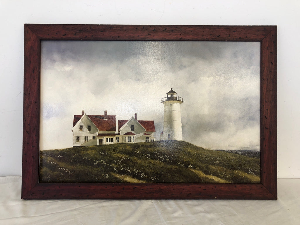 LIGHT HOUSE IN RED WOOD FRAME WALL HANGING.