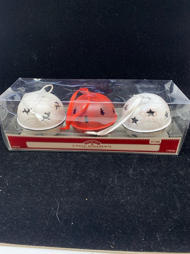 NIB 3 PK RED/WHITE BELL ORNAMENTS.