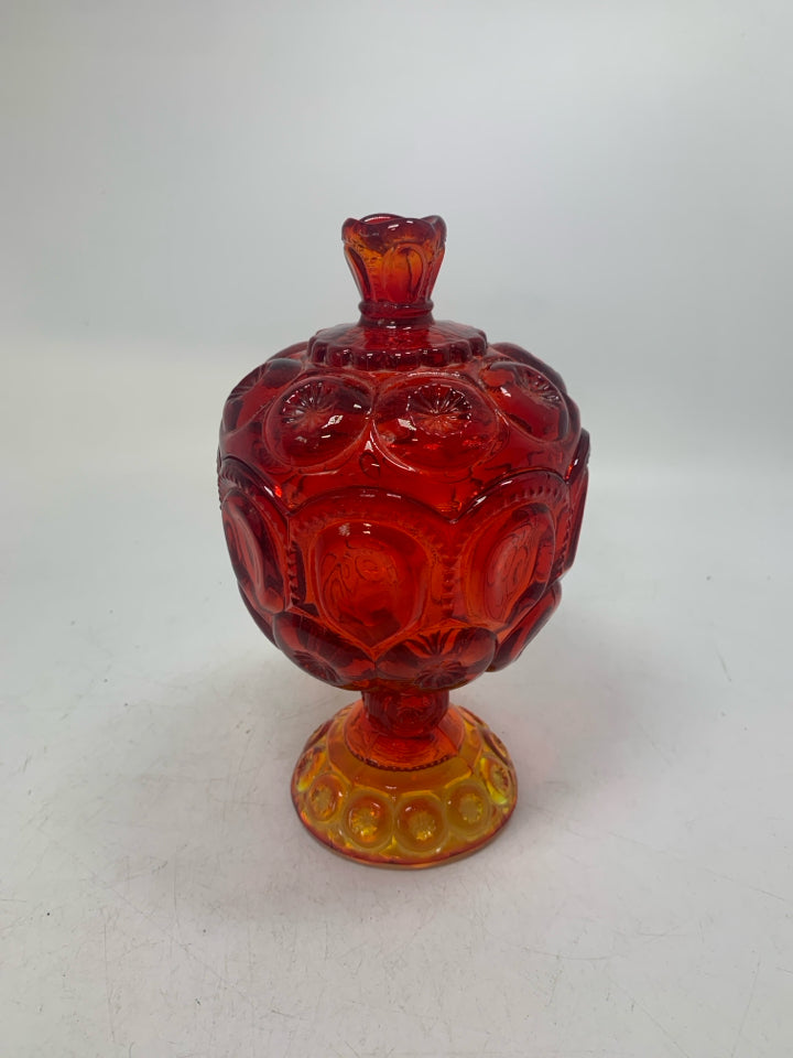 VTG MOON & STARS AMBERINA FOOTED COVERED CANDY DISH.