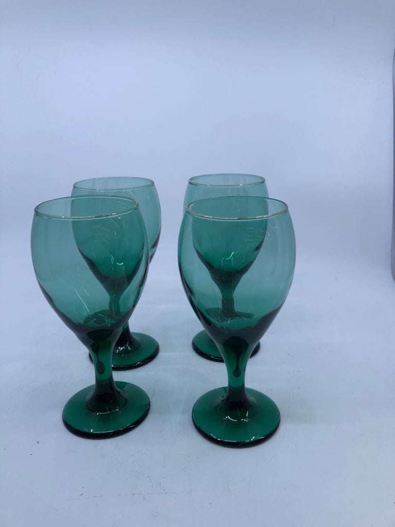 4 DARK GREEN WINE GLASSES GOLD RIM.