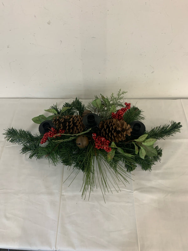 3 CANDLE CENTER PIECE W/ PINE CONES/CRANBERRIES.