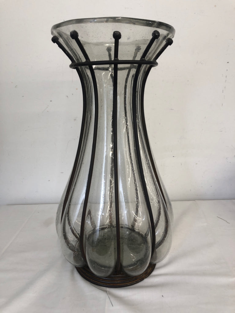 LARGE METAL AND GLASS VASE.