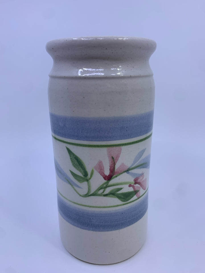 POTTERY STRIPED VASE W PINK FLORAL.