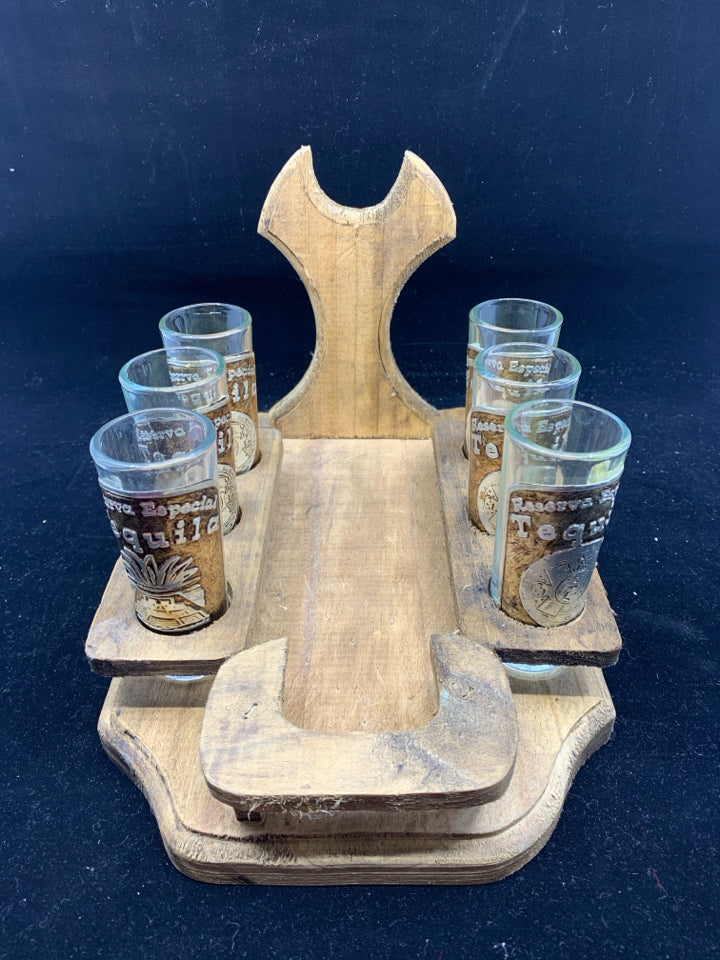 VTG TEQUILA BOTTLE HOLDER & SHOT GLASSES.