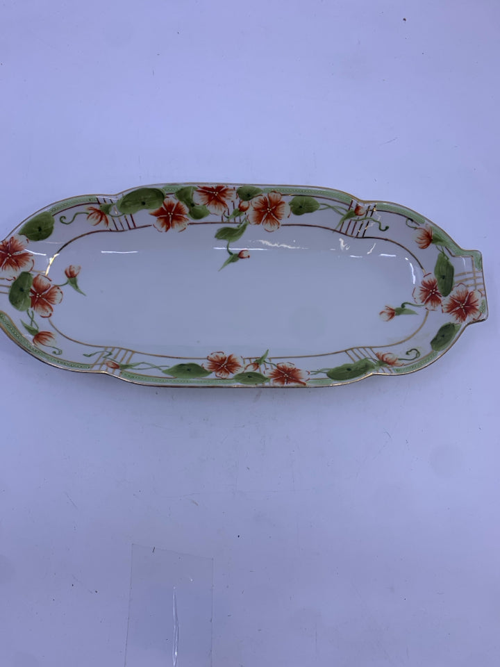 VTG RED AND GREEN FLORAL OVAL DISH.