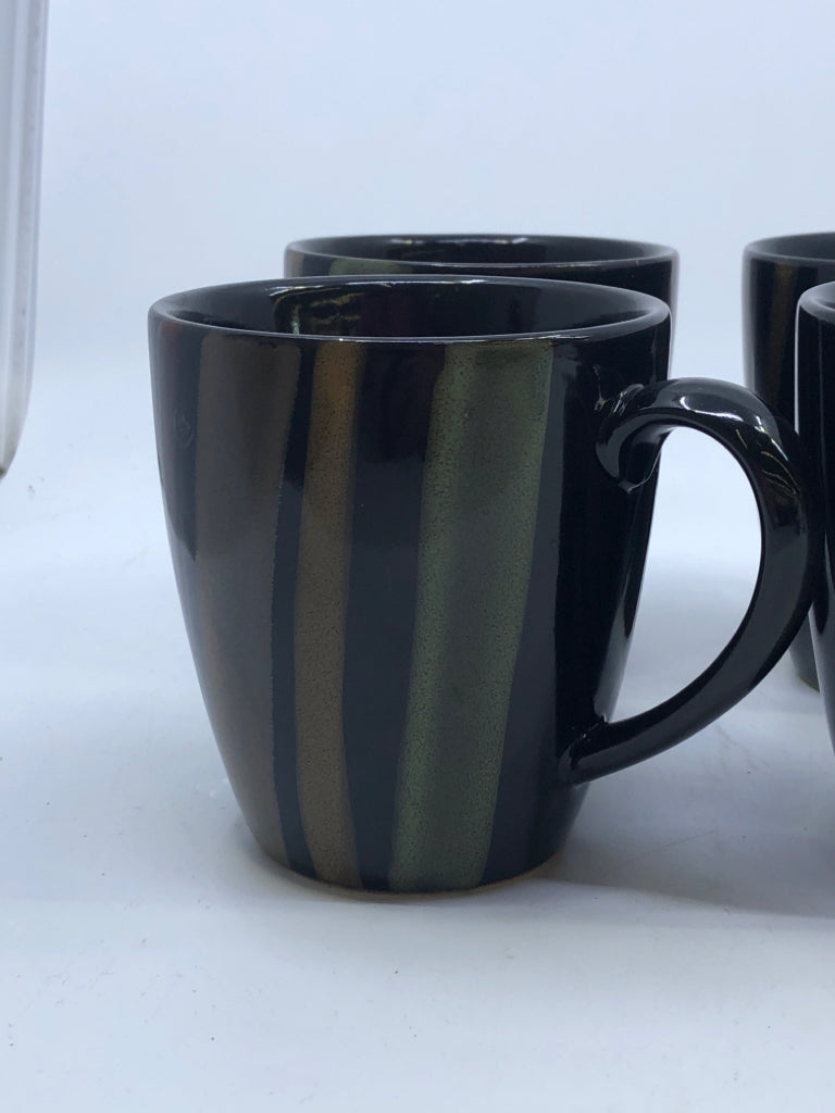 8 BLACK COFFEE MUGS W/TAN RED GREEN STRIPES.