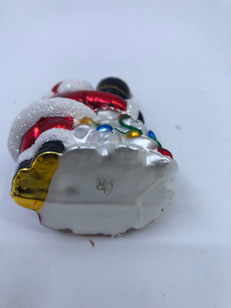 GLASS SANTA AND SNOWMAN ORNAMENT.