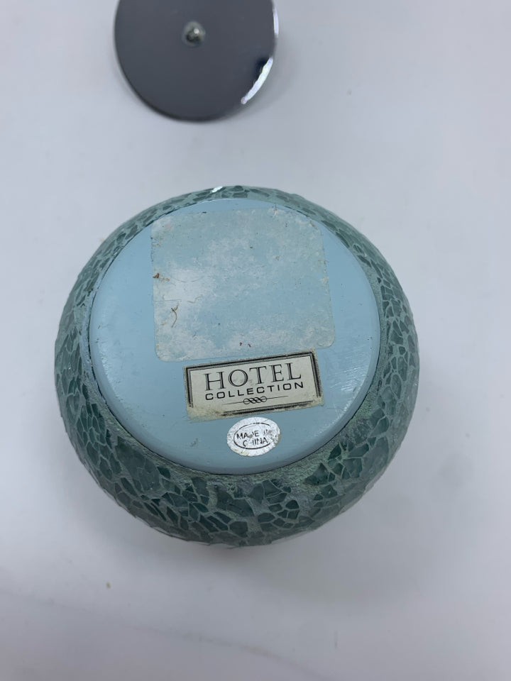 BLUE CRACKLE GLASS JAR W/METAL LID.