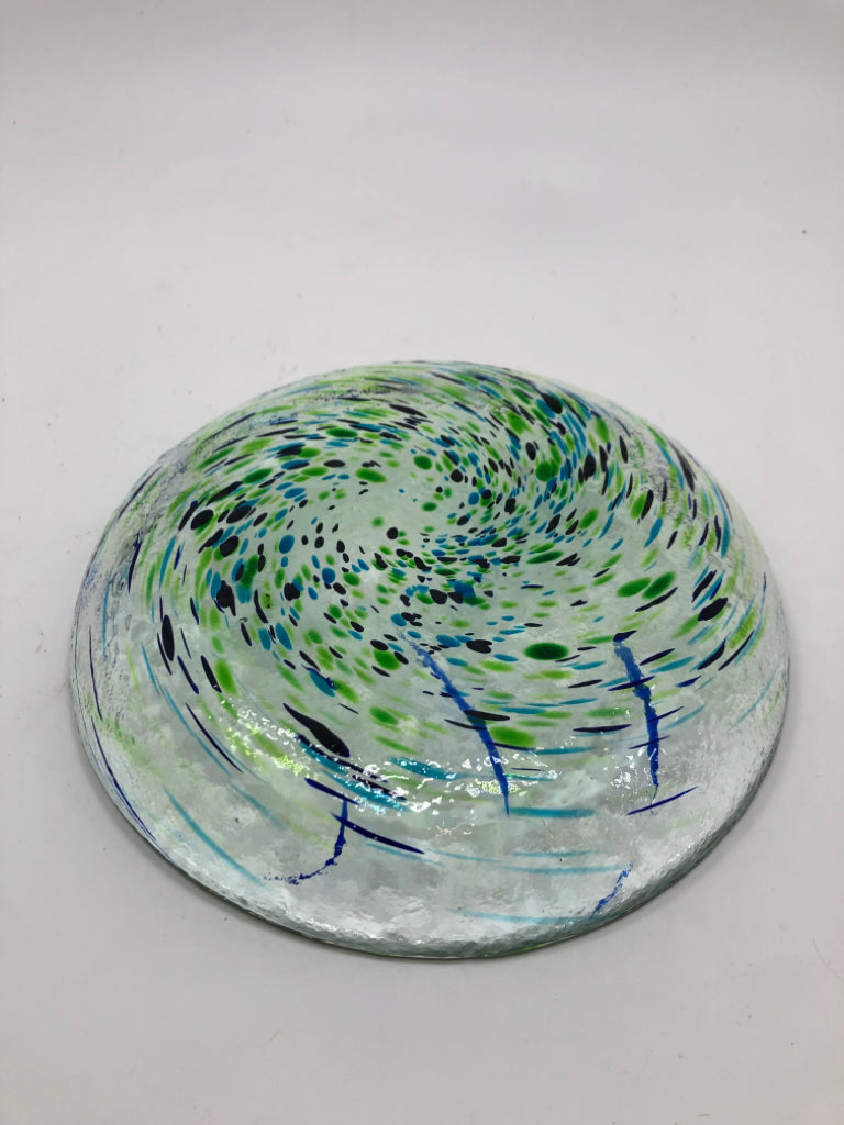 BLUE SWIRL BLOWN GLASS DISH.