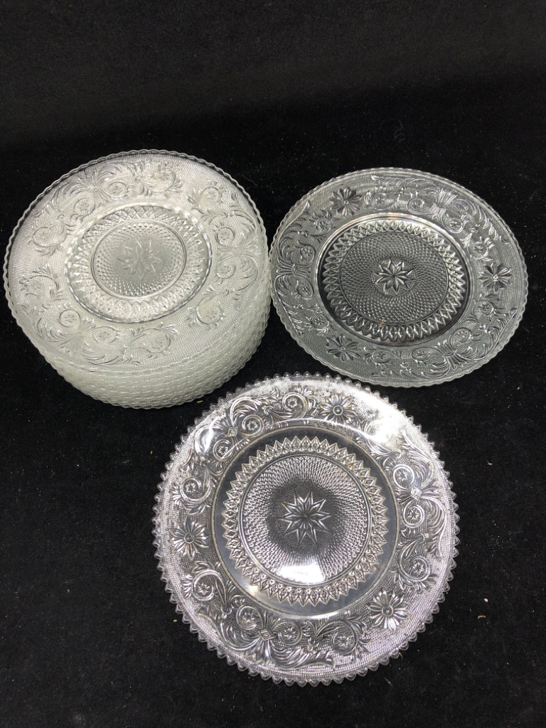 10 SANDWICH PATTERN GLASS LUNCH PLATES.