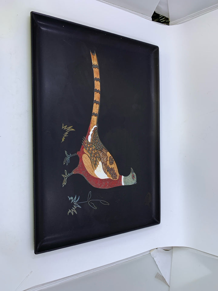 VTG BLACK COCKTAIL SERVING TRAY W/ PHEASANT INLAY COUROC MONTEREY.