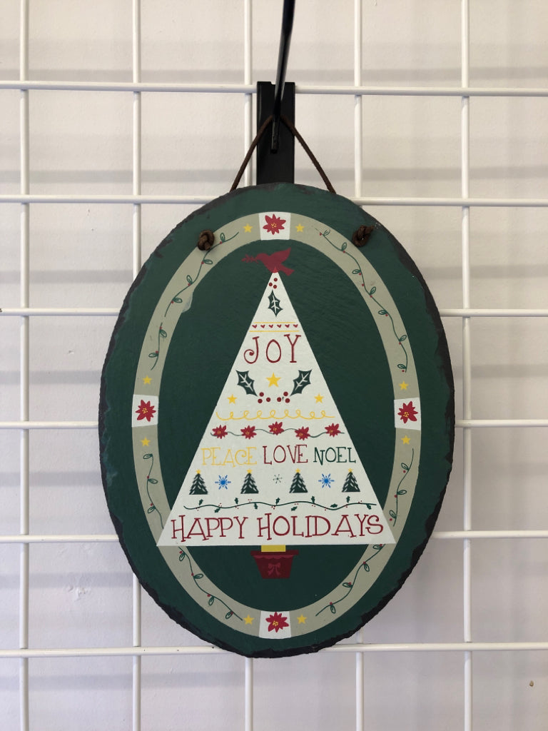 OVAL GREEN SLATE W/ PAINTED CHRISTMAS TREE SCRIPT INSIDE.