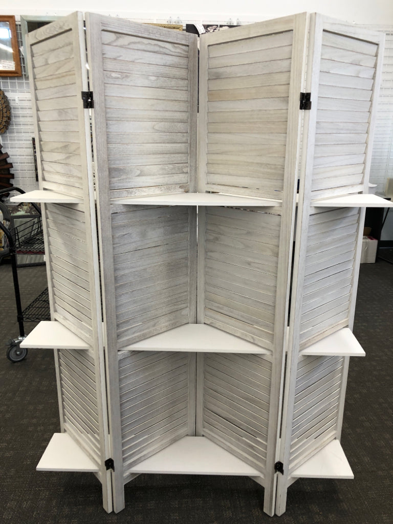 DISTRESSED WHITE ACCORDION SHUTTER SHELF.