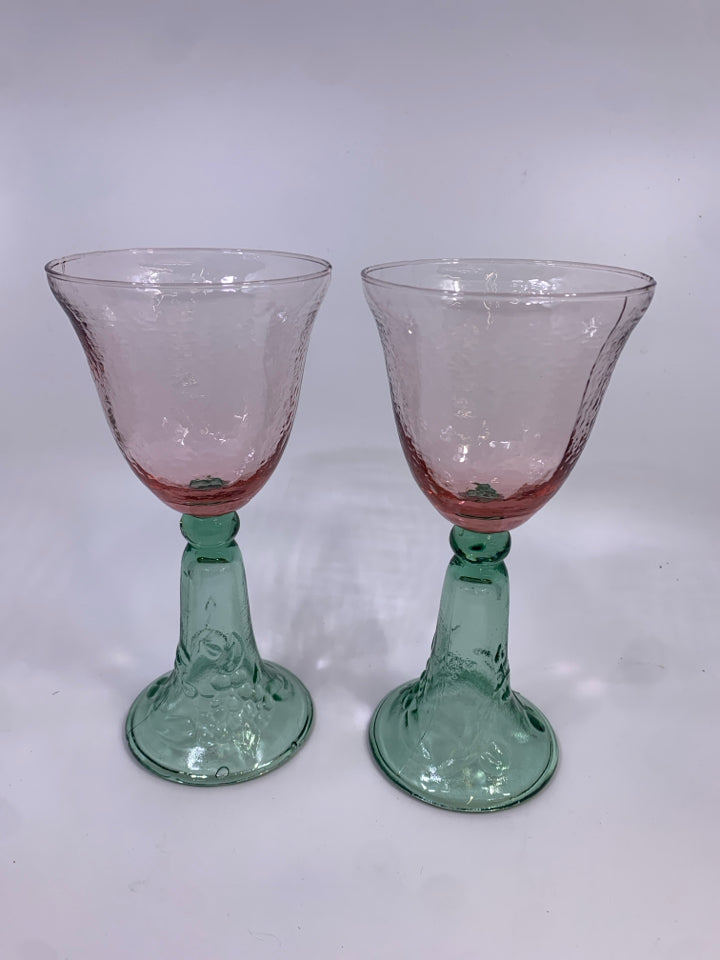 2 WATERMELON PINK & GREEN GLASS GOBLETS.