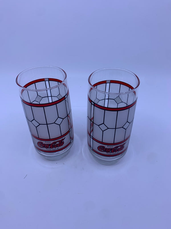 2 STAINED GLASS LOOK COCA COLA GLASSES.