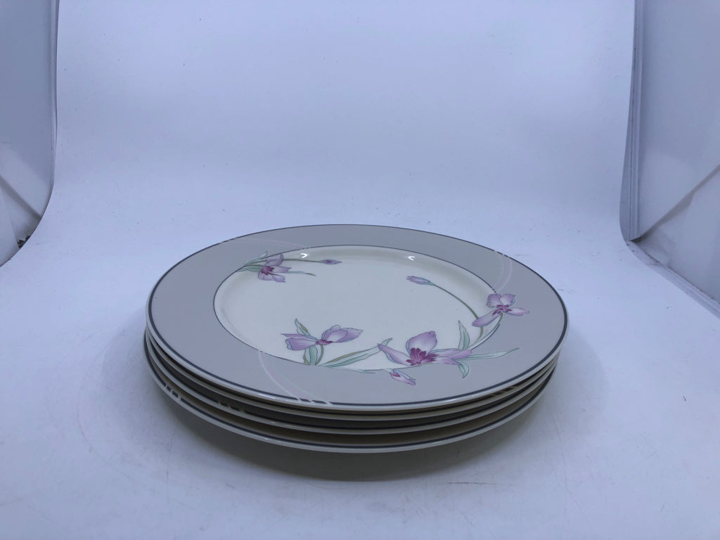 4 DINNER PLATES W GREY ACCENTS AND PURPLE FLORAL.