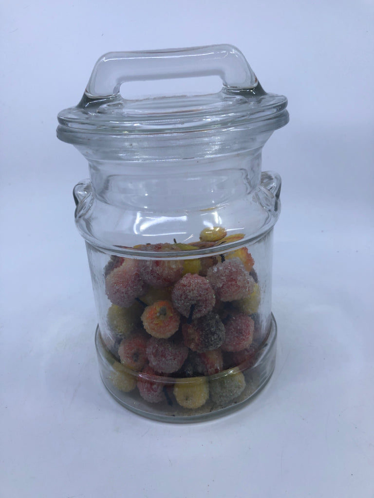 CLEAR GLASS HANDLED JAR W/FAUX GLITTER FRUIT.