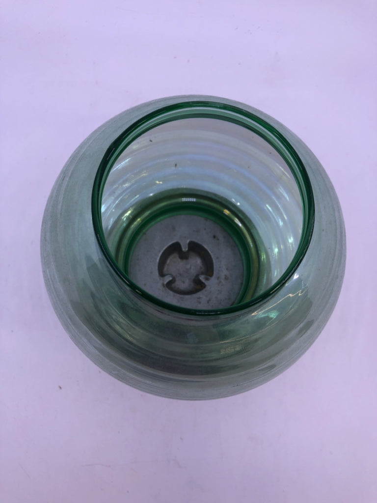 PEWTER BASE TAPERED CANDLE HOLDER W/ GREEN IRIDESCENT GLASS SHADE.