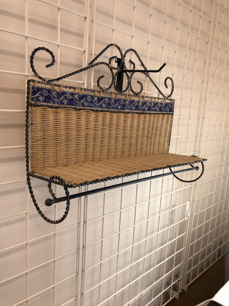 WICKER WALL-SHELF W/BLUE TILES.