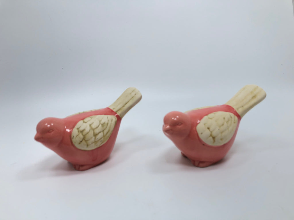 2 PINK & CREAM CERAMIC BIRD FIGURINES.