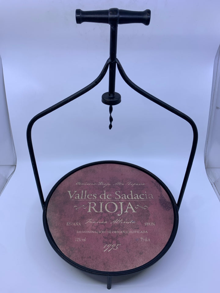 DECORATIVE BLACK METAL WINE TRAY.