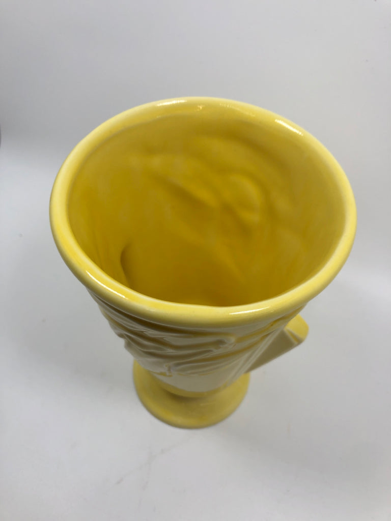 VTG YELLOW POTTERY VASE FLORAL EMBOSSED.