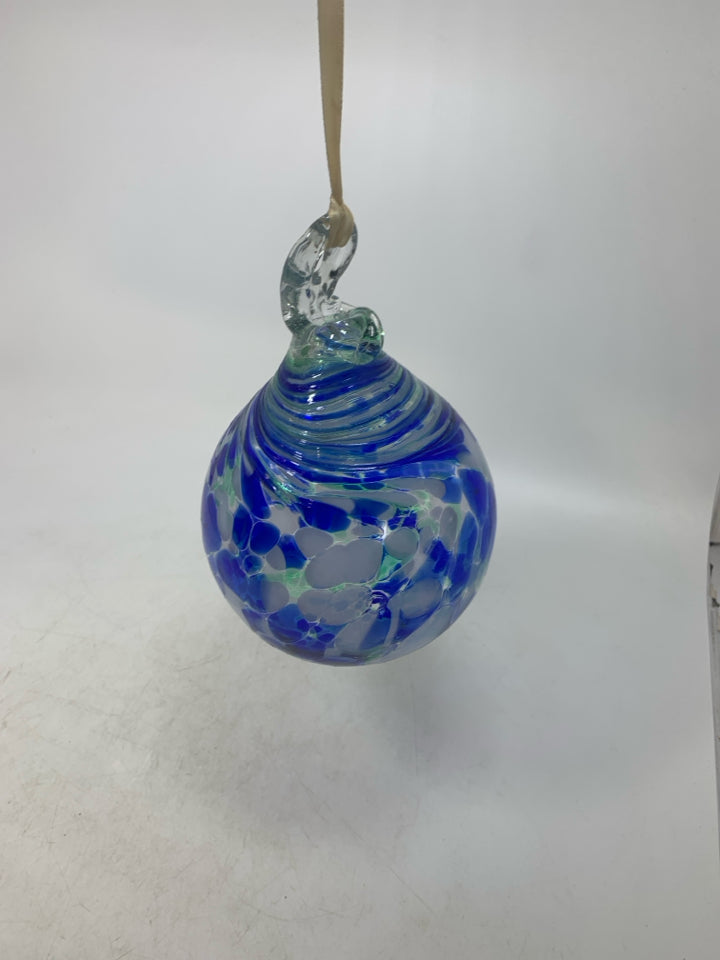 GREEN BLUE WHITE BLOWN GLASS HANGING TEAR DROP ORB.