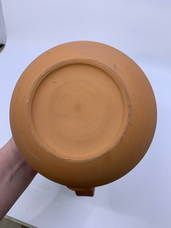 MATTER TERRA COTTA PITCHER W/ DARK GREEN GLAZED INSIDE.