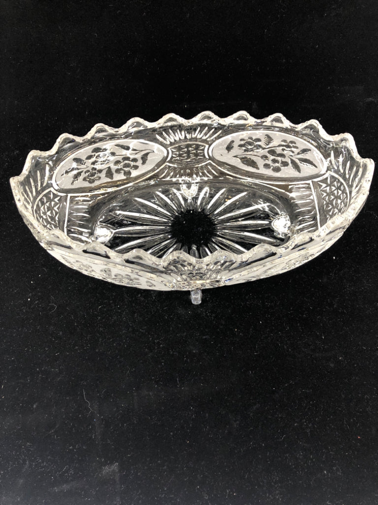 FOOTED OVAL CUT GLASS CANDY DISH W/EMBOSSED FLOWERS.