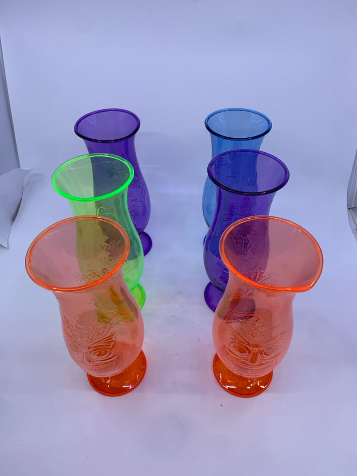 6 MELAMINE COLORFUL TIKI GLASSES.